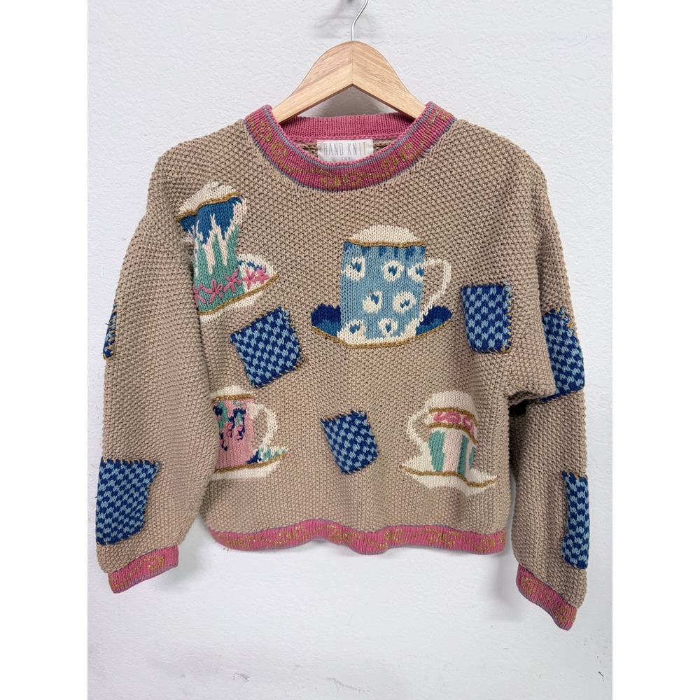 Vintage Hand Knit for ED Michaels Tea Party Teacup Sweater Tan Pink Gold P/S
